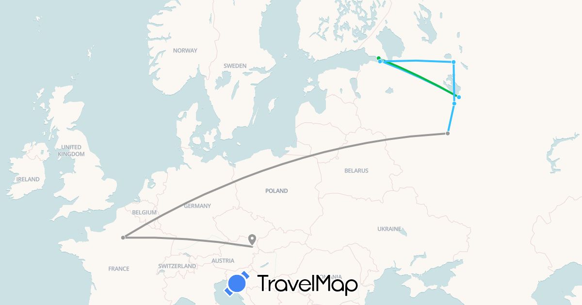 TravelMap itinerary: bus, plane, boat in Austria, France, Russia (Europe)